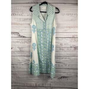 IslaPayal Dress Womens Large White Blue Green Floral Cotton Midi Sleeveless Boho